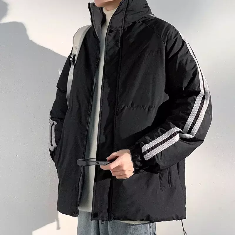 남성용 측면 줄무늬 바람막이 면 패딩 다운 재킷, 따뜻한 파카 재킷, 한국 캐주얼 외투, 겨울 신상, 2023