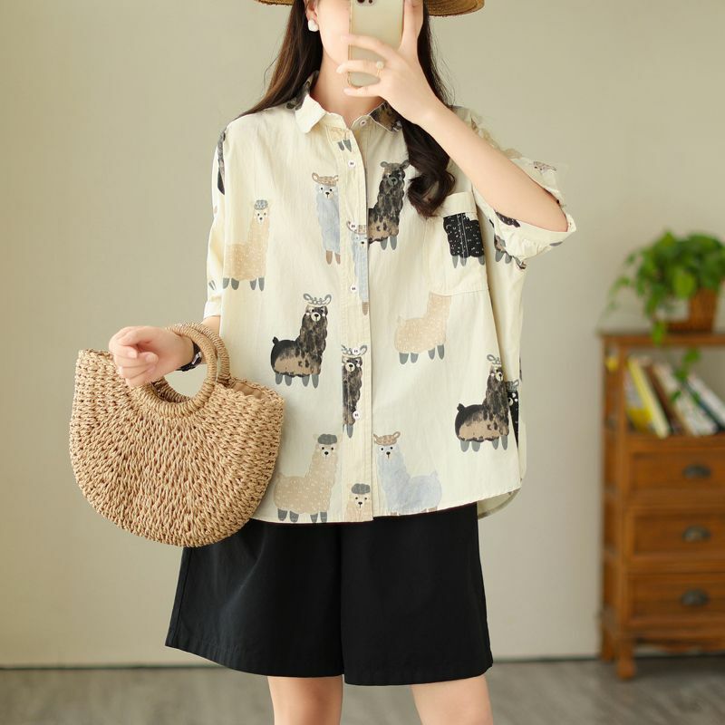 Blusa de manga corta holgada para mujer, camisa informal con cuello tipo POLO y botones, estilo Harajuku, elegante y a la moda
