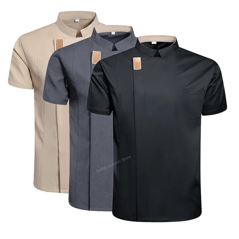 주방 남성 요리사 세트 재킷, 블랙 유니폼, 반팔, 레스토랑 요리사 코트, 앞치마 작업복, 여름 통기성
