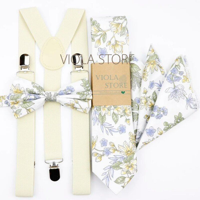 Men Kids Sage Blue Floral 2.5cm Suspenders 6.5cm 100% Cotton Tie Hankie Bow Set Cravat Brace Adjustable Straps Wedding Accessory