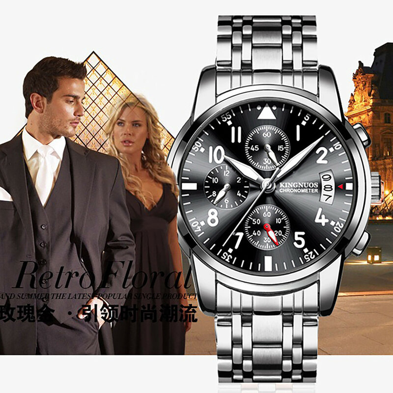 Relógio de banda de aço casual masculino, calendário único, brilho, impermeável, design de moda, novo, luxo