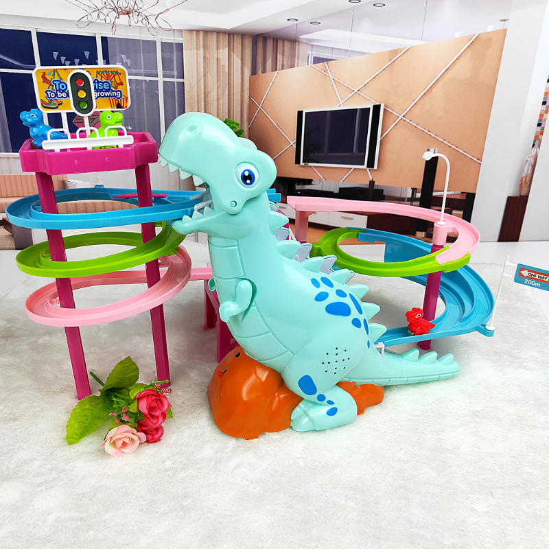Nova marca nova elétrica slide railcar trilha brinquedo 3-6 anos de idade dinossauro subir escadas música luz jogar brinquedos educativos interativos