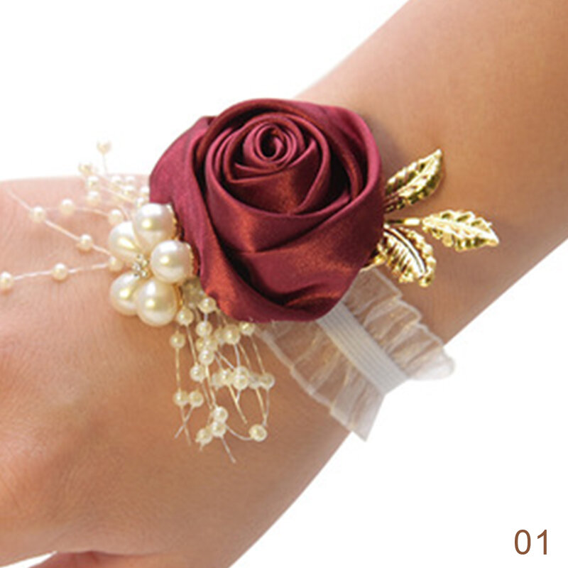 Bridesmaid Faux Rose Bracelet Wedding Wrist Corsage Polyester Ribbon Pearl Bow Bridal Gifts Hand Flowers Party Prom Accessories