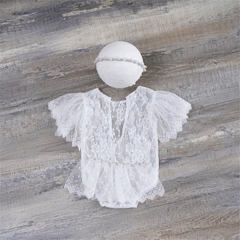 2 Pcs Newborn Photography Props Outfits Baby Lace Romper Headband Set Infants Photo Bodysuit Jumpsuit Hair Band