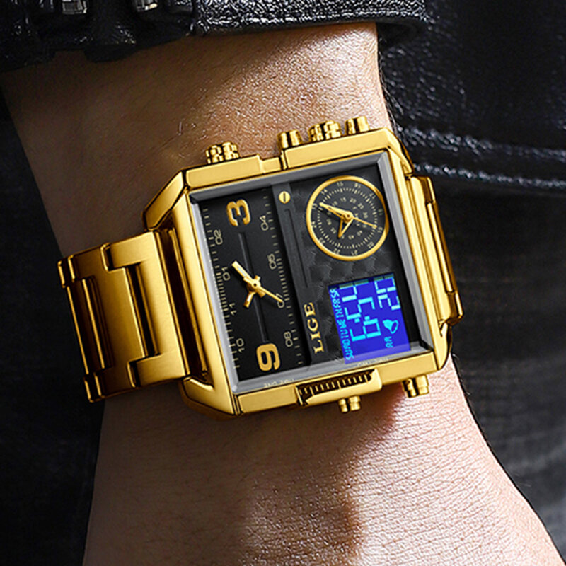 Lige relógios masculinos luxo original aço inoxidável relógio à prova dmultifunctional água para homem multifuncional relógio de pulso de quartzo ouro