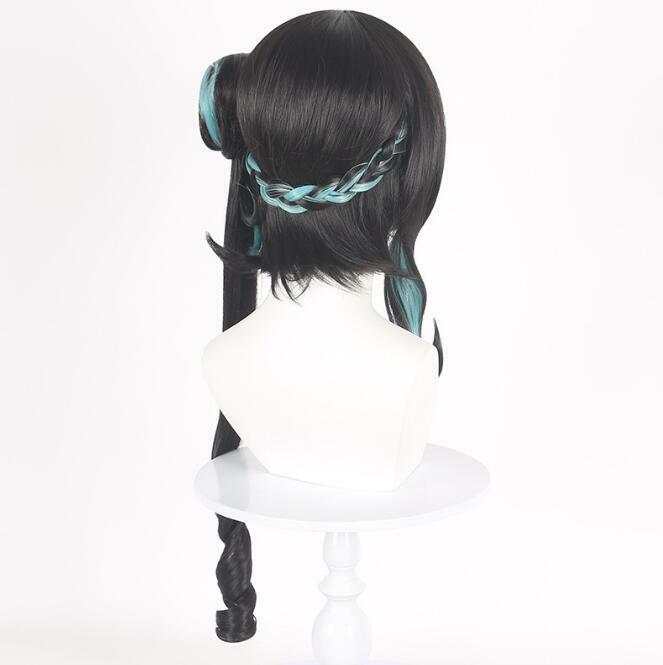 Ruan Mei fibra sintética peruca cosplay, marrom-preto, rabo de cavalo de cor mista, cabelo longo, jogo