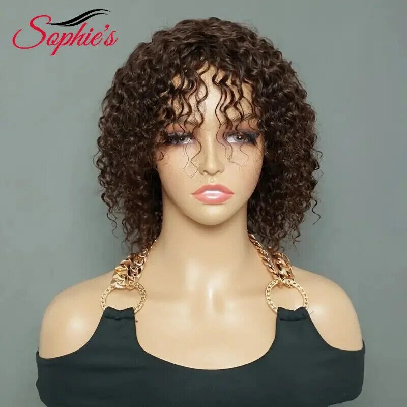 Sophies Wig rambut manusia Bob pendek warna #2 coklat dengan rambut poni Brasil mesin kepadatan 180% Wig dibuat untuk wanita