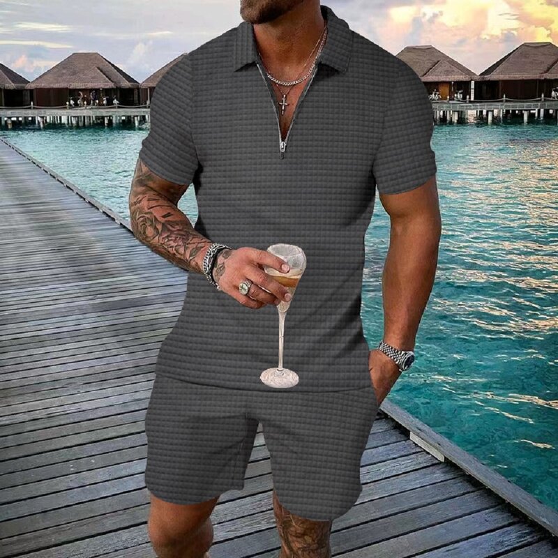 2023 Europe And The United States Men Short Sleeve Shorts Summer Small Square Casual Loose Half Zip Lapel Suit Men