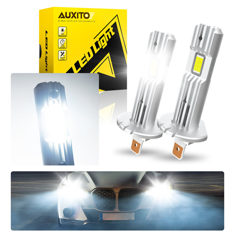 AUXITO 2 sztuk Canbus LED żarówka H1 reflektor LED mały rozmiar projekt bezprzewodowy, bezwentylatorowy, do lampka samochodowaled chipy CSP 12000LM biały