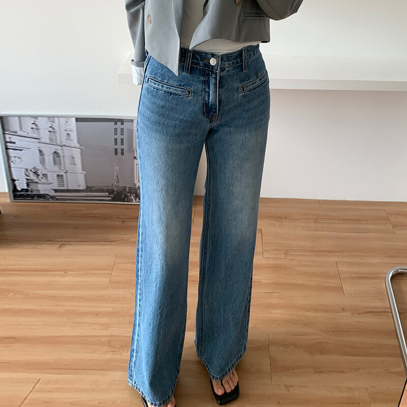 Spodnie damskie z luźna szeroka nogawkami w stylu Vintage proste obcisłe dżinsy jeansowe spodnie jesienne P012