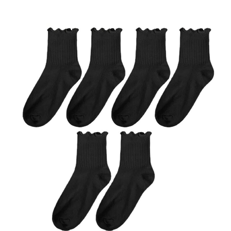 Calcetines tobilleros de algodón con volantes para mujer, medias de estilo Lolita, Kawaii, coreano, tubos medios, japonés, negro y blanco, Primavera, 1, 2 o 3 pares