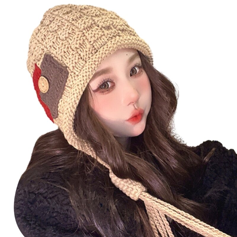 Tassels 귀 플랩이있는 비니 귀여운 귀 모자 Y2k 고딕 수제 크로 셰 뜨개질 비니 여성용 십대 소녀 겨울