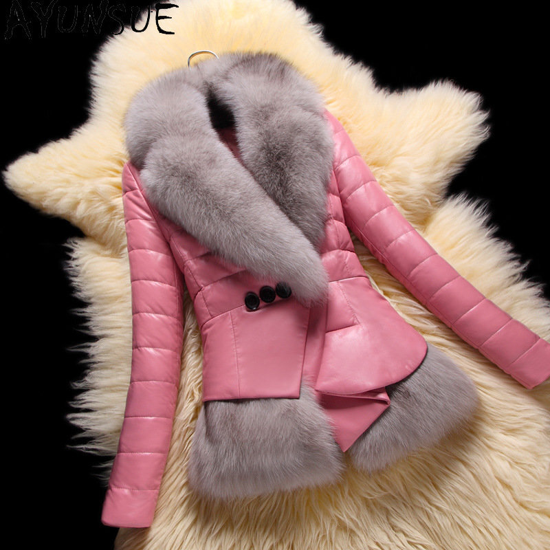 AYUNSUE Jaket Kulit Asli untuk Wanita Musim Dingin Jaket Puffer Wanita Mantel Bulu Rubah Kerah Kulit Domba Ramping Mantel Manteau Femme