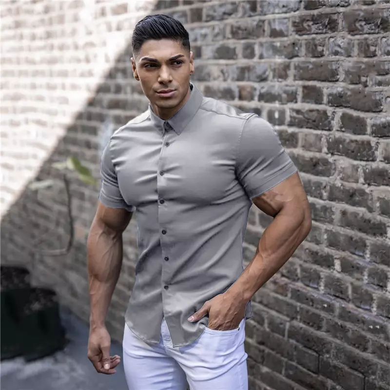 Мужская модная повседневная Однотонная рубашка с коротким рукавом, Супероблегающая Мужская рубашка в деловом стиле, брендовая мужская спортивная одежда для фитнеса