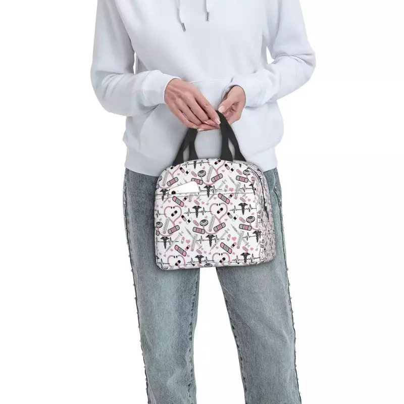 귀여운 청진기 간호사 의사 EKG 패턴 절연 점심 가방, 재사용 가능한 피크닉 가방, 여성 직장 어린이 학교 점심 토트