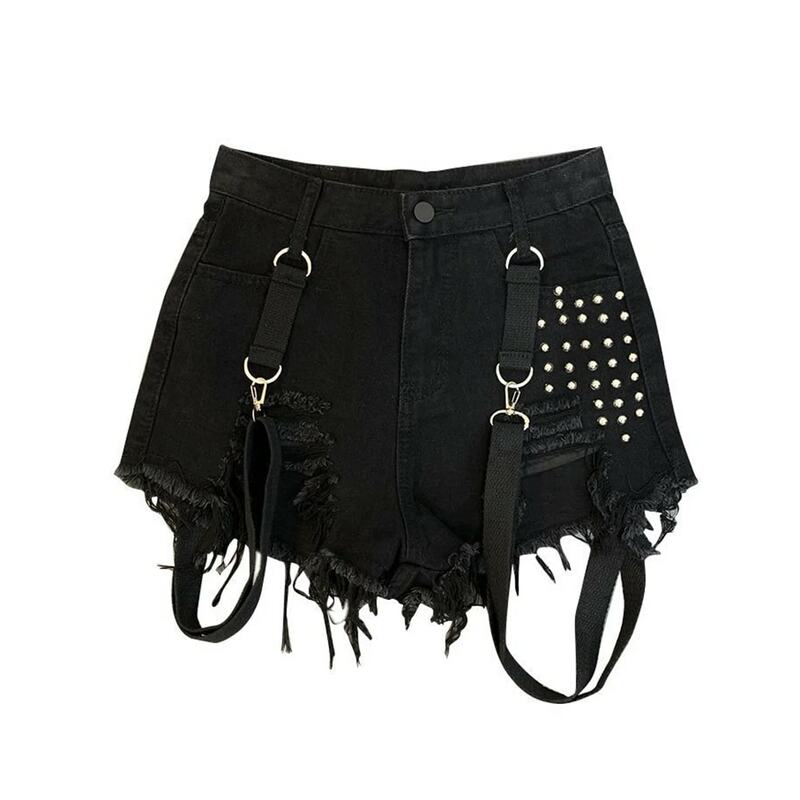 Nieuwe Zomer Mode Vrouwen Shorts Zwart Punk Hoge Taille Kwastje Riem Klinknagel Denim Broekpakken Vrouw Gothic Korte Jeans Mujer