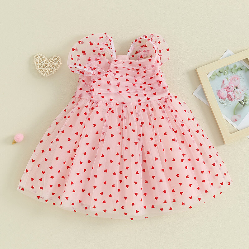 2023-10-20 Lioraitiin 6M-4Y Cute Baby Girl Valentine’s Day Dress Heart Print Short Puff Sleeve Tulle Dress Cute Princess Dress