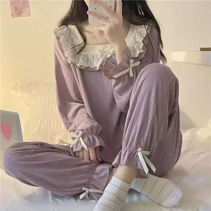 Pyjama weiblich 2 Sätze Homewear Mädchen Frühling und Herbst Langarmhose süße Studentin Prinzessin Stil niedlichen Homewear Set