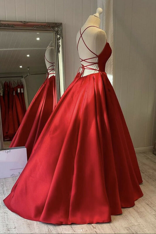 Gaun malam wanita acara Formal gaun Prom Satin panjang penuh punggung terbuka garis A merah rok pesta kustom buatan tangan