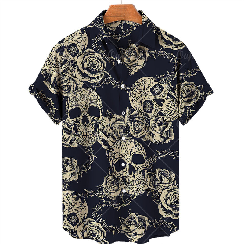 2024 Rose Skull Shirts Voor Heren 3d Bedrukt Heren Hawaiian Shirt Strand Korte Mouw Fashion Tops Shirt Man Kleding Hemd