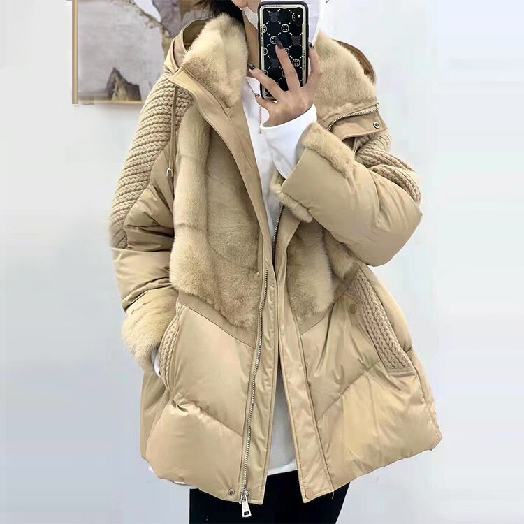Pele de vison com capuz pele de ganso branco para baixo jaqueta para mulher high-end moda médio longo engrossado casaco térmico