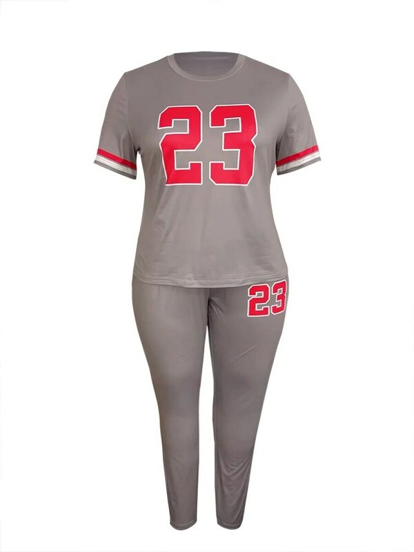 LW-chándal de dos piezas para mujer, conjunto de pantalones ajustados con estampado Digital 23, sudadera de manga corta y pantalones ajustados