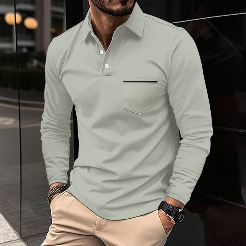 Polo décontracté à manches longues pour hommes avec boucle, t-shirt de poche, mode d'affaires, printemps, 2024