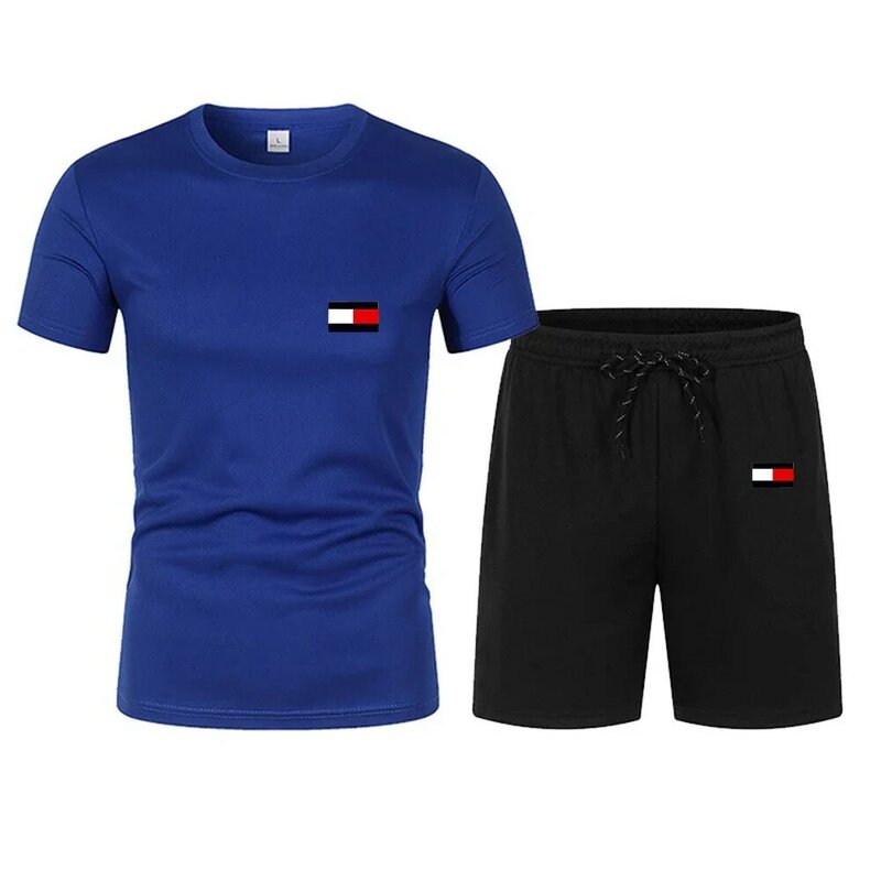 Лето 2024, комплект спортивной одежды, мужской спортивный костюм для фитнеса, бега, повседневные шорты с коротким рукавом