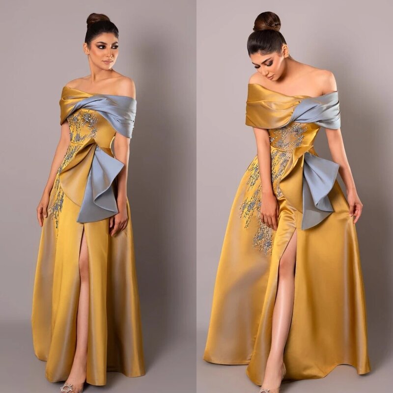 Satin Sequined Beading Ruched Formal Evening A-line Off-the-shoulder Bespoke Occasion Gown Long Dresses