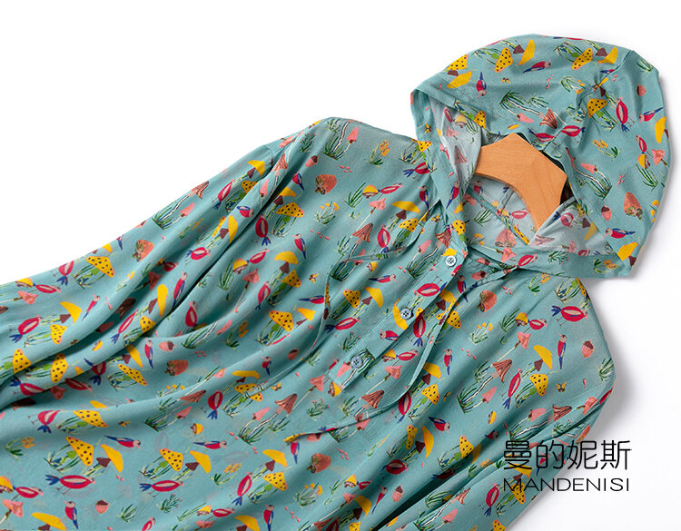 Tcyeek-Top de seda de morera para mujer, Tops de moda con capucha para mujer, sudaderas de manga larga, Tops holgados con estampado, 100%