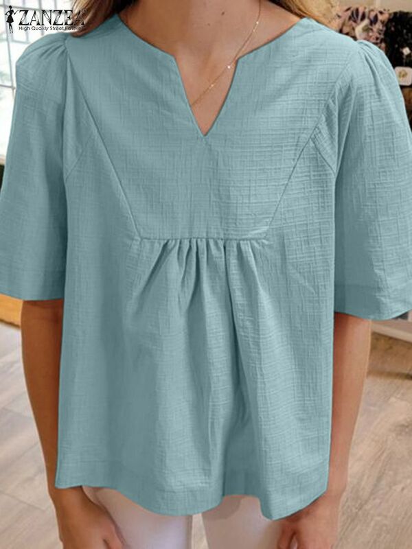 Блузка ZANZEA Женская хлопковая с коротким рукавом, Повседневная Свободная Милая туника с V-образным вырезом, модная мешковатая Однотонная рубашка в Корейском стиле, лето 2024