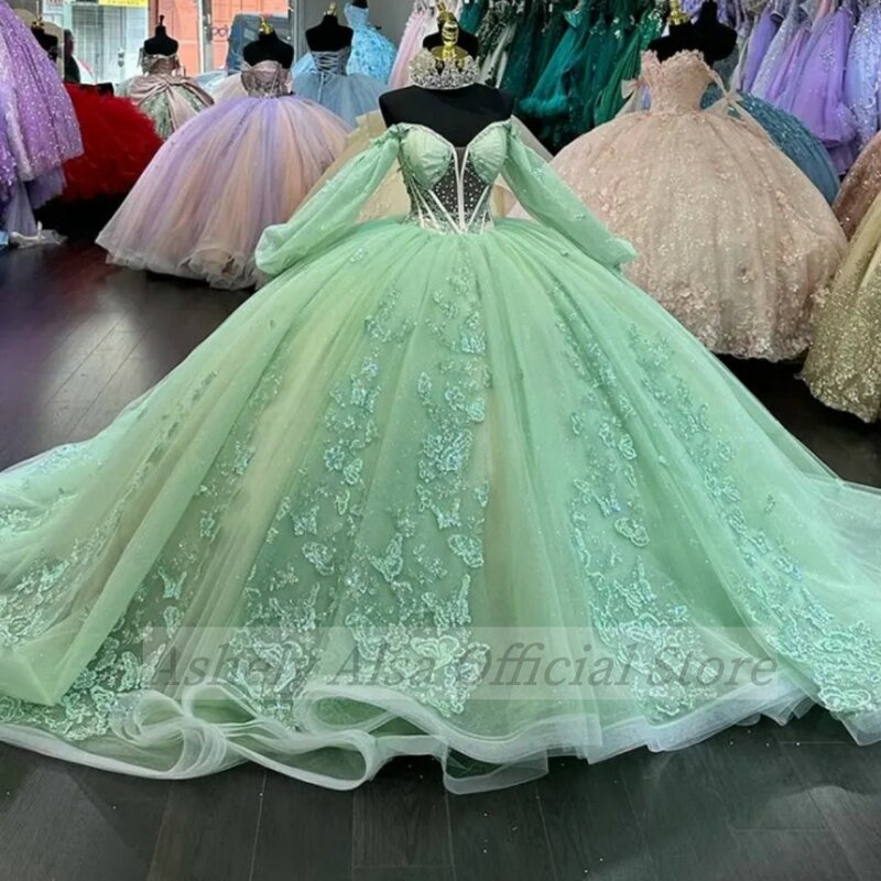 Gaun panjang Arab Saudi mewah hijau Mint ilusi gaun Quinceanera lengan panjang manis 15 16 gaun Prom pakaian kontes Vestidos De XV a20os