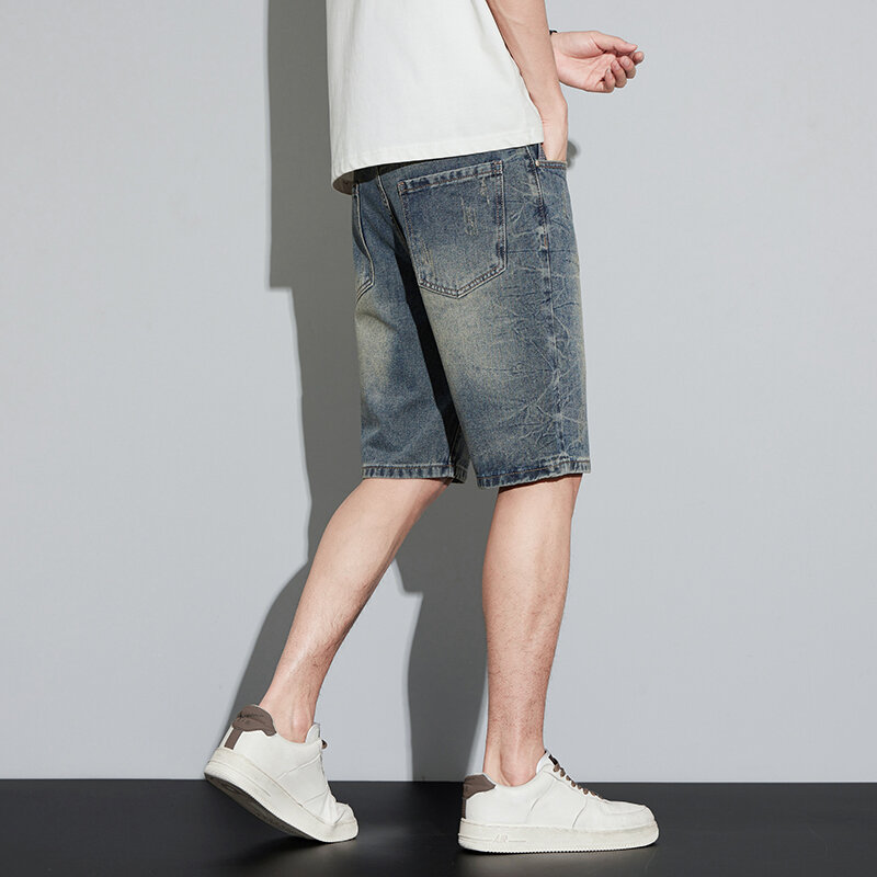 Shorts jeans com bolsos para homens, calça vintage na altura do joelho, jeans justo reto, azul retrô, moda, verão, 2024