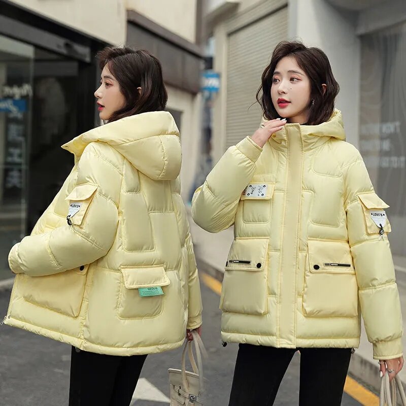 2022 outono inverno versão coreana casaco feminino parka solto lazer com capuz curto para baixo algodão manter quente casaco feminino