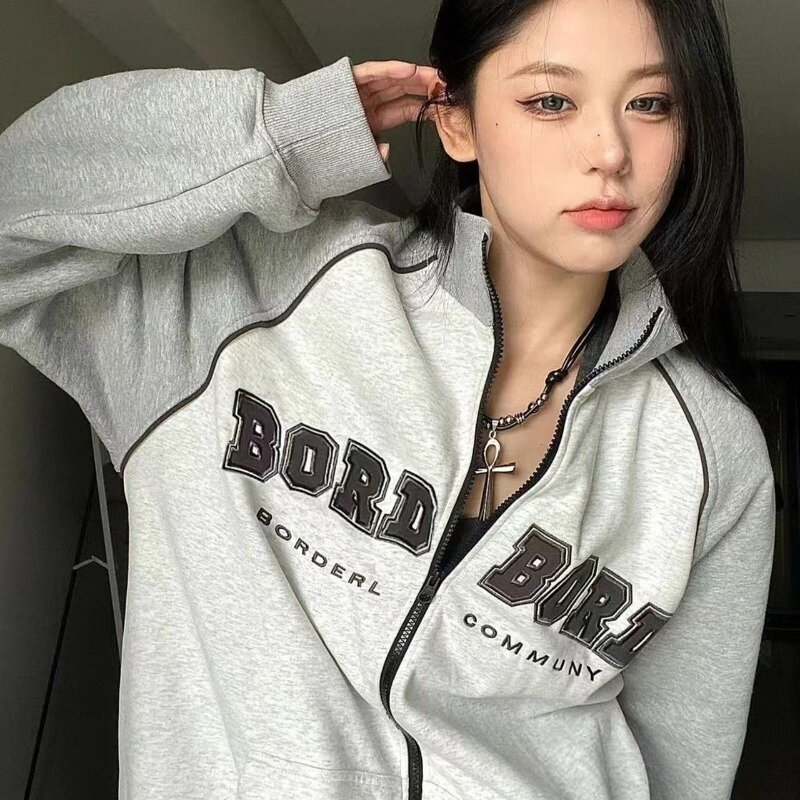 American Women Zip felpa giacca colletto alla coreana lettera a maniche lunghe stampata top larghi moda Casual Basics Streetwear femminile