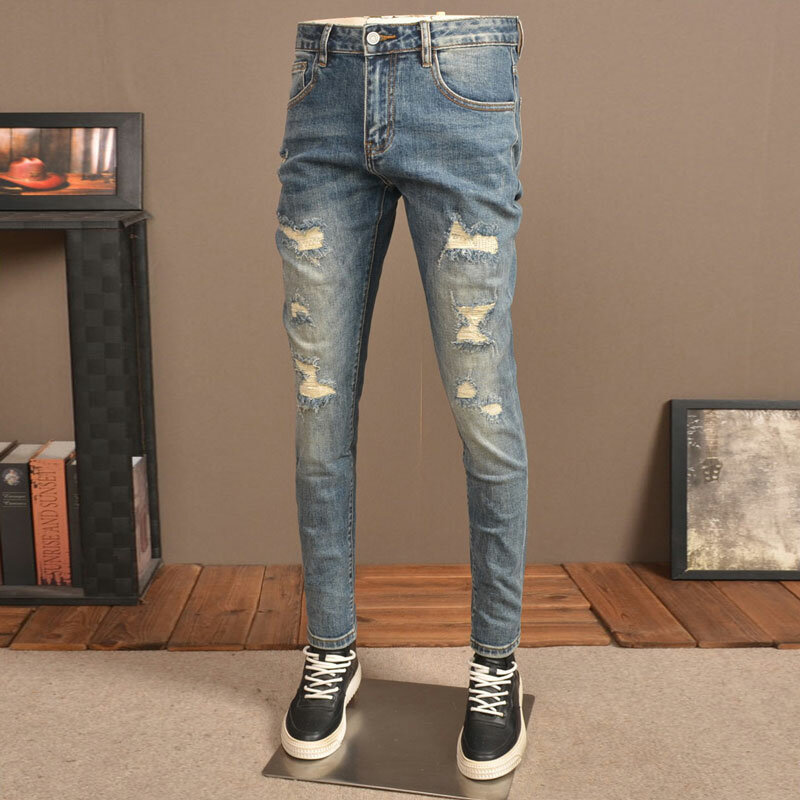 Streetwear Fashion celana Jeans pria celana Denim desainer antik celana Jeans robek ketat biru Retro pria