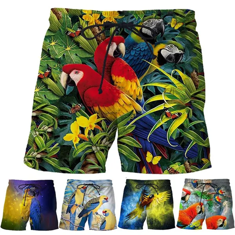 Шорты мужские пляжные с 3D-принтом птиц и попугаев, модные летние короткие штаны для мальчиков и девочек, свободные шорты для плавания, одежда, 2023