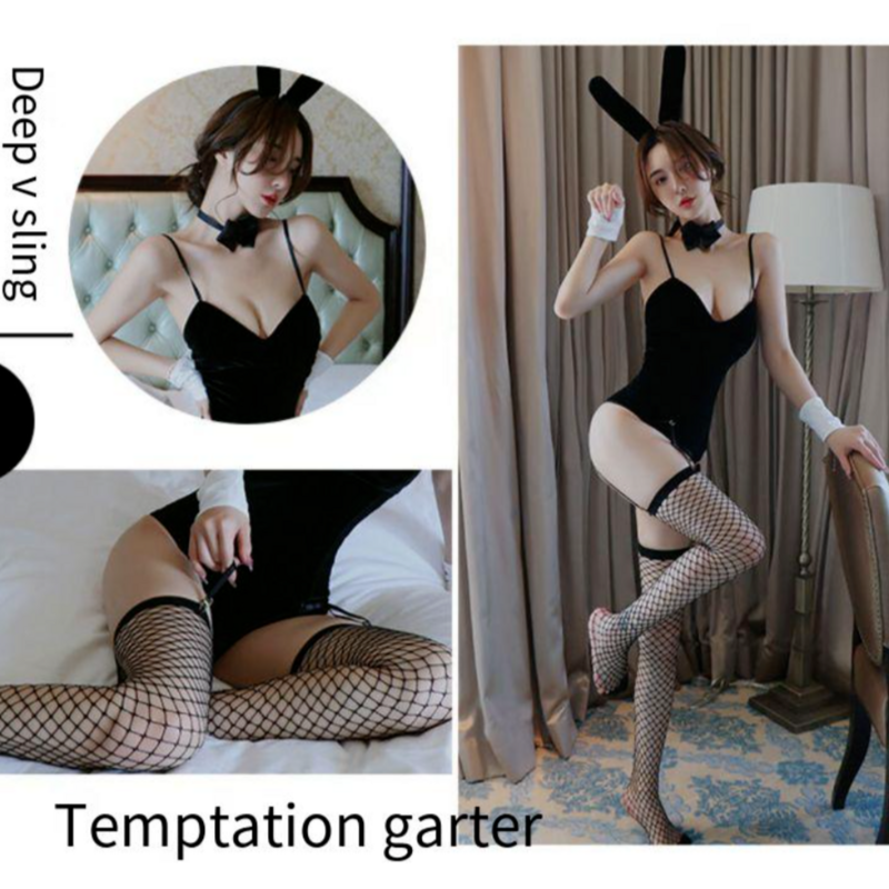 1$New Erotic Underwear Rabbit Girl Sexy Jumpsuit with Chest Pad Garter Open File Uniform Temptation Suit High-end Adult Products