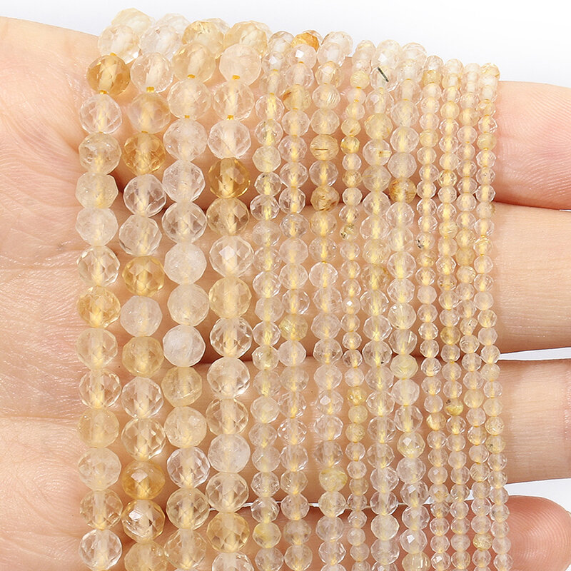 Manik-manik batu Citrine alami segi 2mm 3mm 4mm manik-manik bentuk bulat untuk membuat perhiasan Diy gelang aksesoris manik-manik