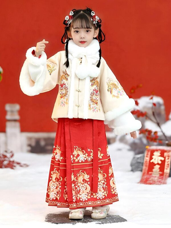 Детское платье Hanfu с изображением лошади, осень и зима 2023, новый детский новогодний костюм