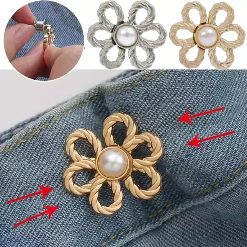 1/2pairs Adjustable Metal Flower Button for Pant and Skirts Waist Tightener Adjustable Waist Buckle for Jeans No Sewing Required
