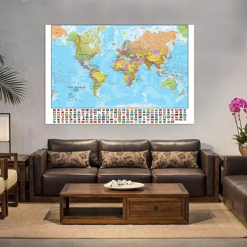 Peinture non tissée de la carte du monde avec drapeaux de pays, affiche d'art mural, décoration de bureau, fournitures scolaires et de voyage, 150x100cm