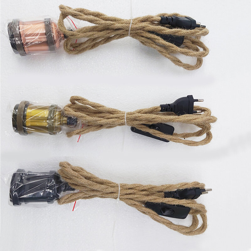 Ue plug 2m 3m cabo de alimentação luz pingente torção cabos corda de cânhamo e27 suporte da lâmpada com interruptor de ligar para fora fio edison lâmpada soquete cabo