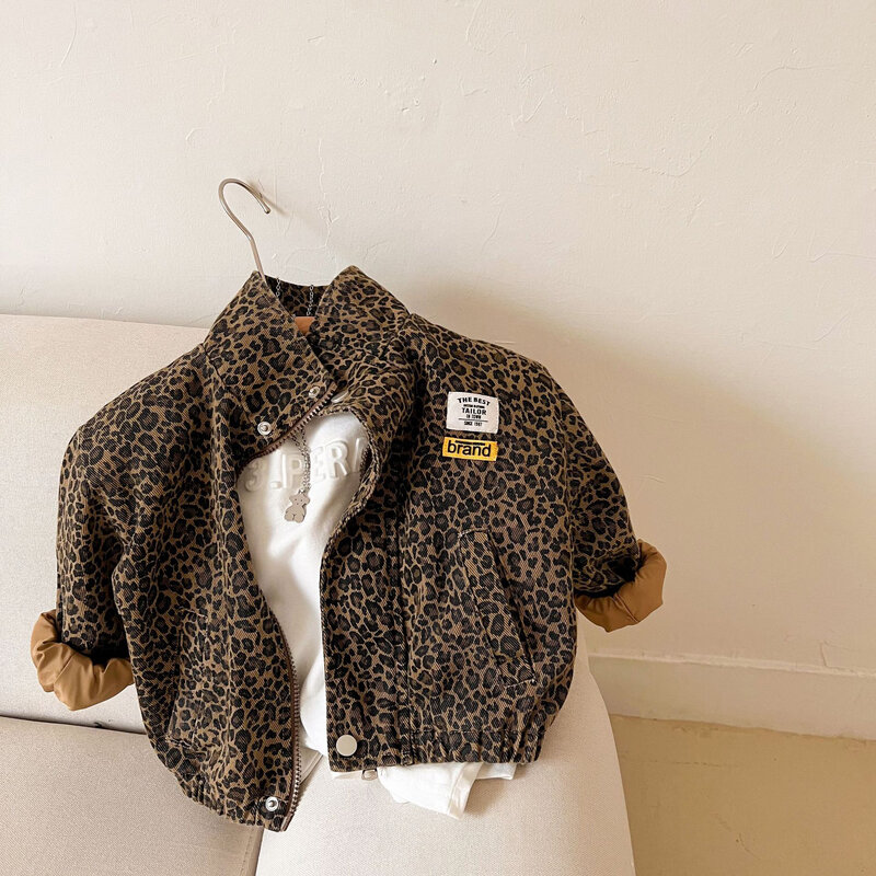AYNIGIELL primavera autunno giacca Casual a maniche lunghe per bambini ragazzi giacca coreana con stampa leopardata cappotto corto in Denim per ragazze