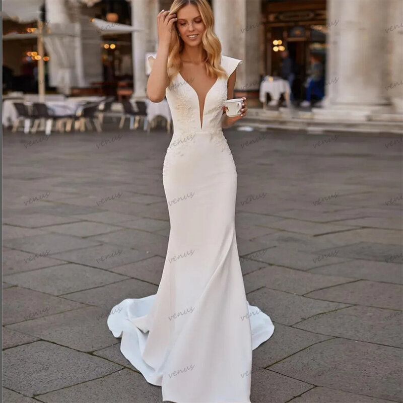 Simple Elegant Wedding Dresses Sexy Bridal Gowns Deep V-Neck Backless Sleeveless Sheath Mermaid Satin Robes Vestidos De Novia