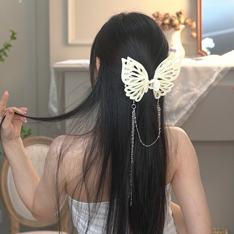 Jepit rambut wanita, jepit rambut cakar ukuran besar rumbai kupu-kupu