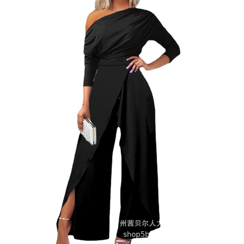 Y2K formalne eleganckie kombinezon na przyjęcie kombinezony wiosenne w jednolitym kolorze Romper damskie kombinezony szerokie spodnie nogi na jedno ramię z długim rękawem