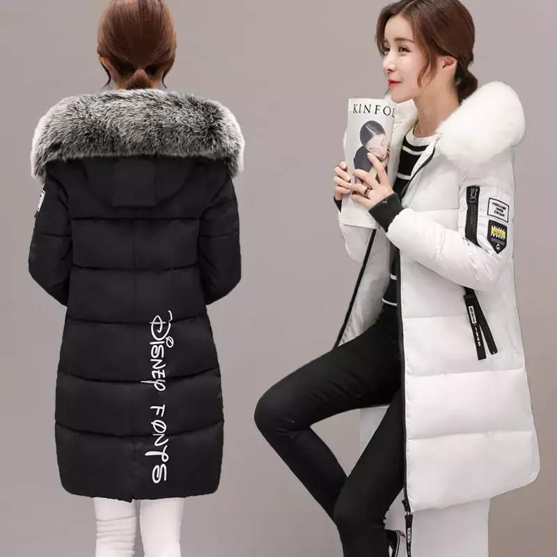 Pakaian luar Korea wanita, Luaran kerah bulu besar katun Parka ramping setengah panjang gaya mantel hangat tebal tebal jaket berlapis Z611