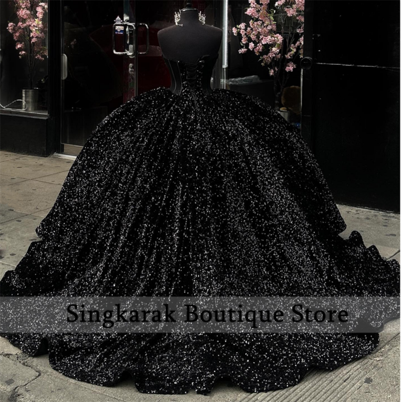 Elegant Black Ball Gown Quinceanera Dress Sweetheart Sweet 16 Dress Crystals Sequins Rhinestones Vestidos Party Gown Corset