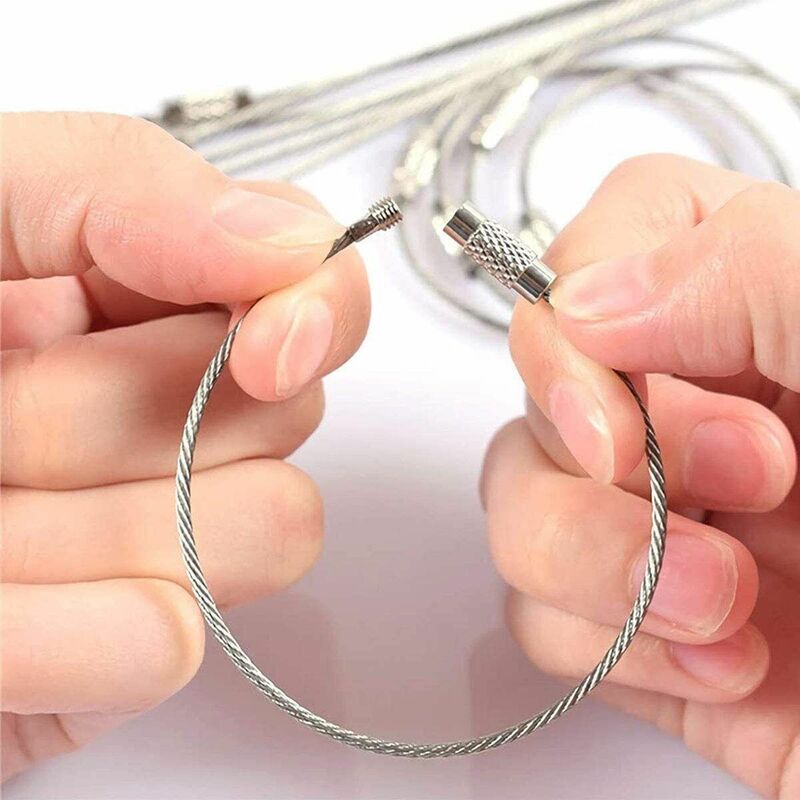 Aço inoxidável fio chaveiro corda rosqueada chave anel laço parafuso bloqueio prata